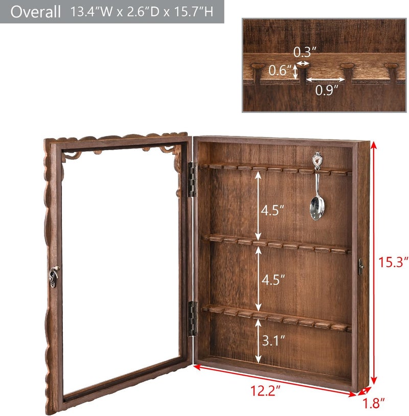 Ikee Design Wooden 30-Souvenir Spoon Display Case Cabinet, Wall-Mounted Tea Spoon Rack with Tempered Glass Suitable for Collection Display, 13.4W x 2.6D x 15.7H in - Image 3